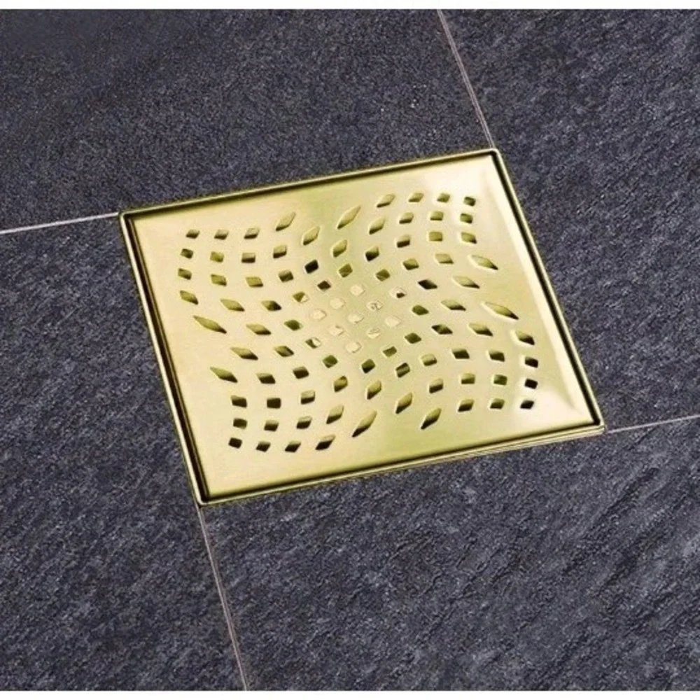 Gold Brushed Shower Drain with Flange  SUS 304 Stainless Steel 6 Inch Square Sh